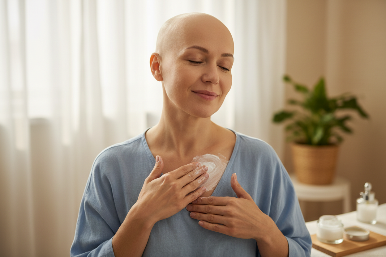 bald lady with breast cancer applying cream to her skin